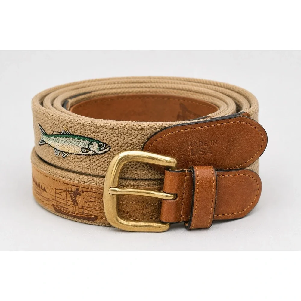 Vintage Woven Stretch Belt Fish Embroidered Canvas Leather Solid Brass Size 40